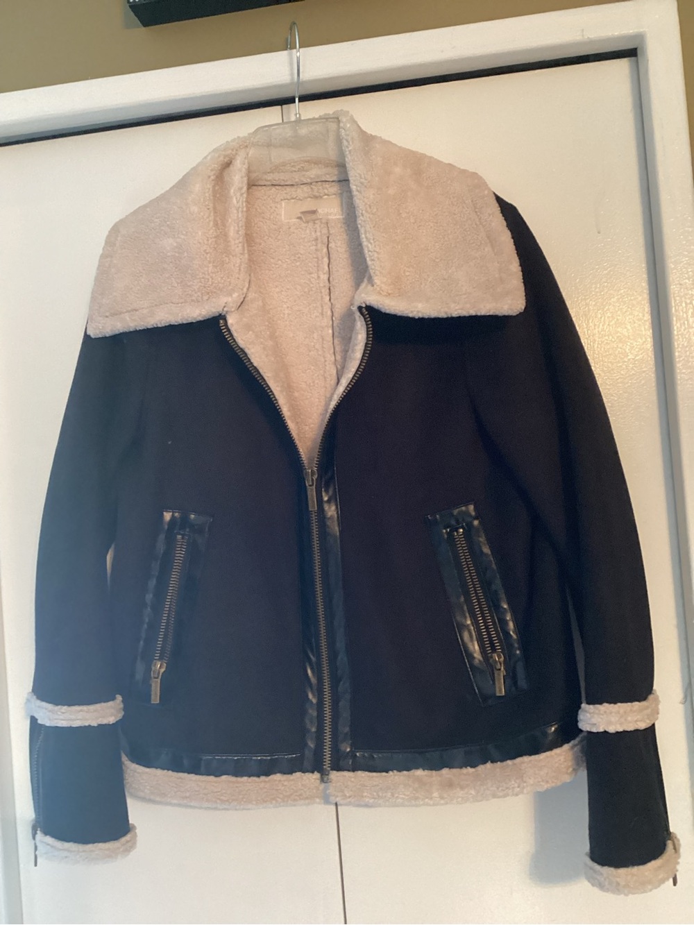 MICHAEL Michael Kors Black Teddy Shearling Jacket with Cream Trim